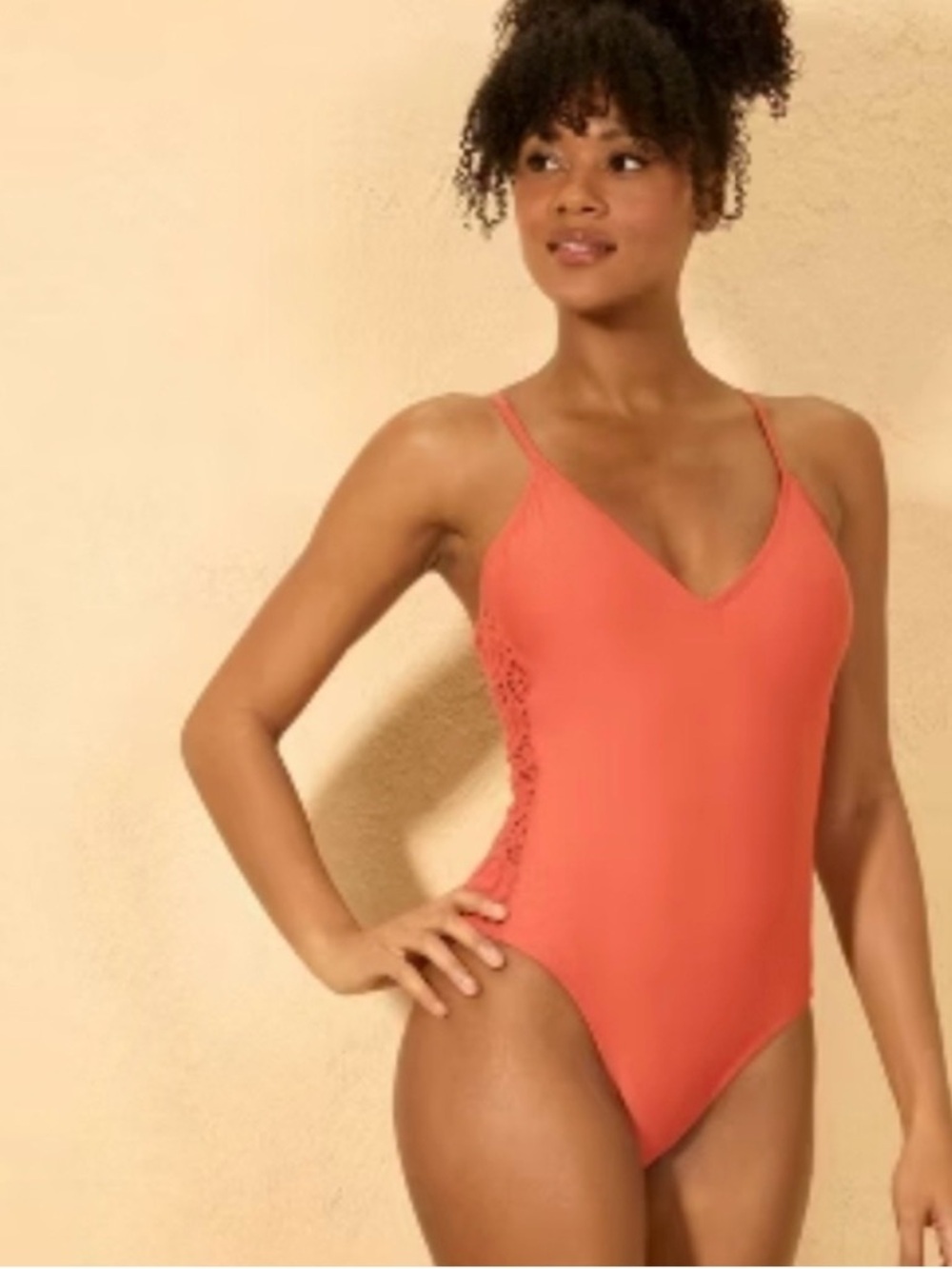 Shade & Shore Coral Lace-Side V-Neck One-Piece Swimsuit